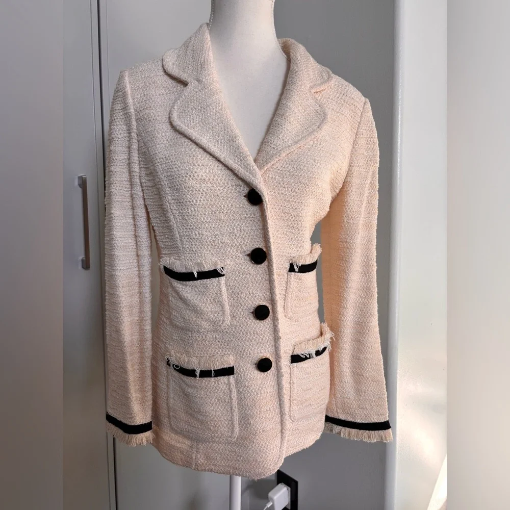 St. John Cream Textured Blazer with Black Accents - Picture 2 of 12